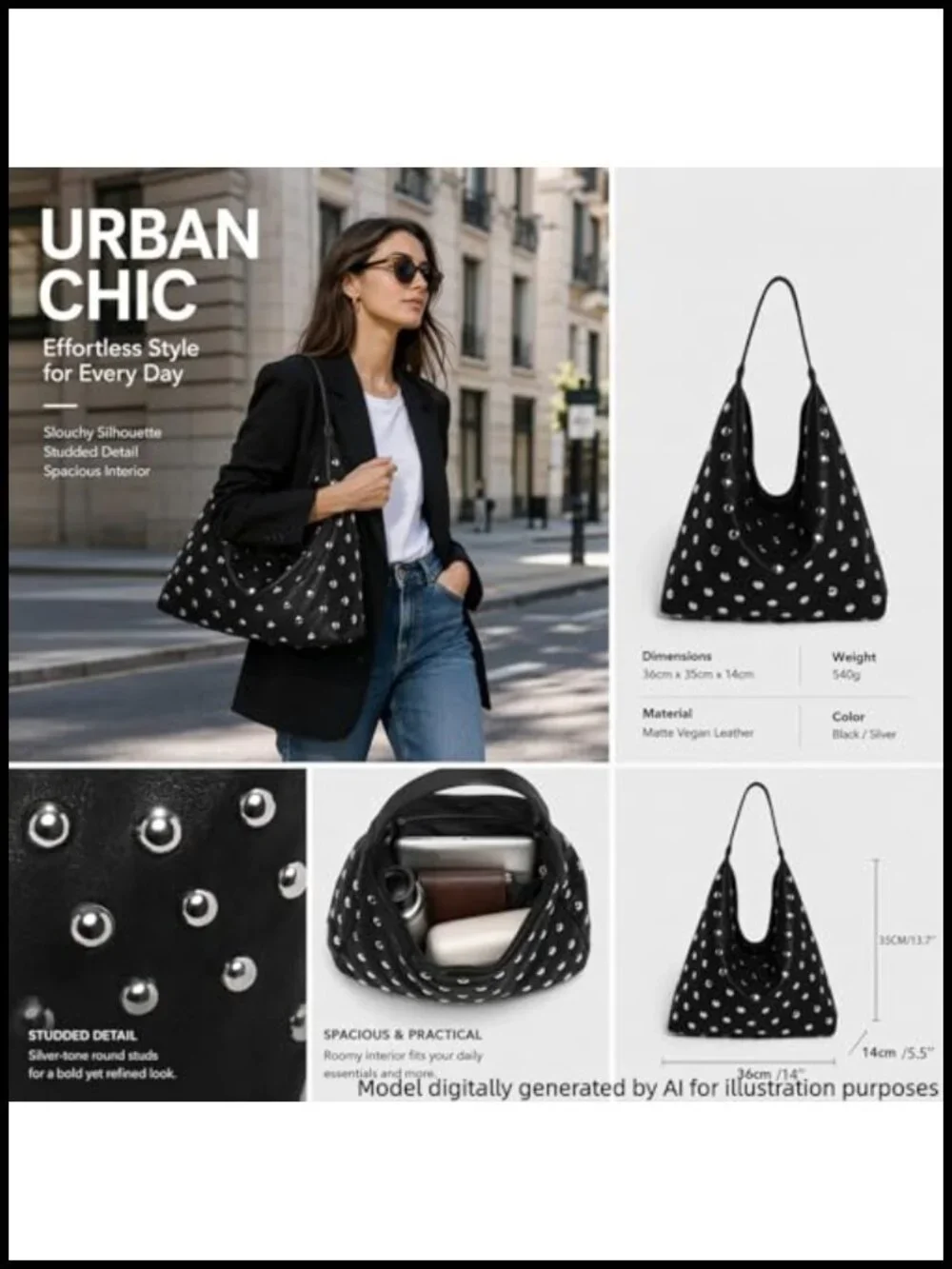 Studded Hobo Bag Tote Purse Faux Leather Y2K Punk Handbag